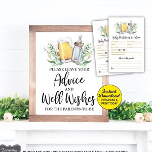 Babyvoorspellingen en advieskaarten en teken, een baby brouwt babyshower, advies aan ouders, bierbabyshowerspel, coed babyshower
