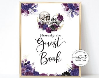 Halloween boda libro de visitas signo cráneos libro de visitas signo cráneos florales signo imprimible hasta que la muerte nos separe boda esqueletos de boda gótica