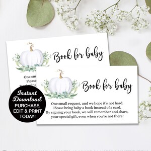 Book Request card, White Pumpkin Baby Shower, Book Request Card, Bring a Book, Pumpkin Greenery Baby Shower, Fall Baby Shower, Printable