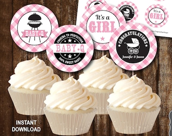 Baby Q Cupcake Toppers Pink, Bbq Baby Shower Cupcake Toppers, Couples Baby Shower, Printable PDF File INSTANT DOWNLOAD