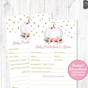 Prédictions bébé citrouille et cartes de conseils, jeu de douche de bébé citrouille, conseils aux parents, or rose, bébé fille, automne, automne, bohème, imprimable