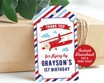 Airplane Birthday Favor Tags, Airplane Thank You Tags, Airplane Party Tags, Airplane Birthday Decoration, Editable Favor Tag, 1st Birthday