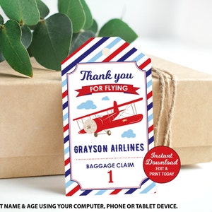 Airplane Thank You Tags, Airplane Birthday Favor Tags, Airplane Party Tags, Airplane Luggage Tags, Printable PDF File INSTANT DOWNLOAD
