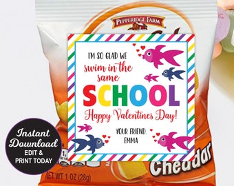 Goldfish Valentines, Kids Valentines School, Fish Crackers, Toddler Valentines, School Valentine, Goldfish Tags Editable, Printable PDF File