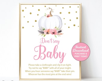 Don't Say Baby Printable Baby Shower Game Sign, Pumpkin Baby Shower Game Sign, Baby Shower Activities, Floral Boho, Fall Baby Shower, Autumn