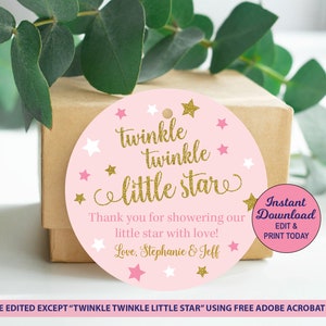 Twinkle Twinkle Little Star Baby Shower Favor Tags, Baby Shower Favors, Pink and Gold, Thank You Tags, Personalized, Printable PDF File