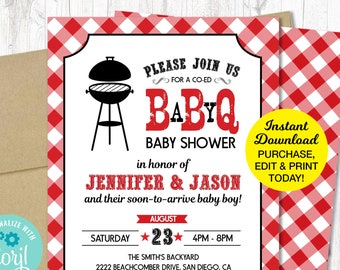 Baby Q Shower Invitation Red, BBQ Baby Shower Invitation, Couples Baby Shower, Printable, INSTANT DOWNLOAD