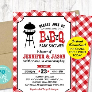 Baby Q Shower Invitation Red, BBQ Baby Shower Invitation, Couples Baby Shower, Printable, INSTANT DOWNLOAD