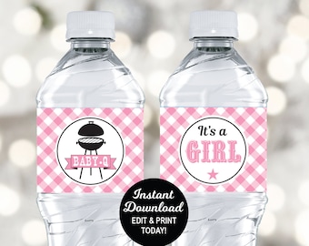 Baby Q Wasser Etiketten Rosa, Grill Baby Shower Wasser Etiketten, Wasserflasche Aufkleber, Baby Q Mädchen, Sommer Baby Shower, bearbeitbare PDF-Datei