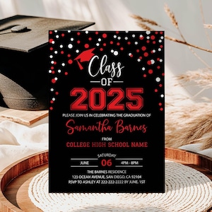 Graduation Party Invitation, Class of 2025 Announcement Red Black Graduation Card, College Graduation, High School Grad Editable Invite