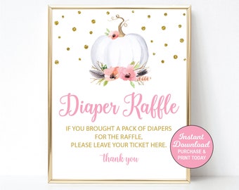 Pumpkin Diaper Raffle Sign, Printable Baby Shower Diaper Raffle Sign, Baby Girl, Boho, Fall, Autumn, INSTANT DOWNLOAD