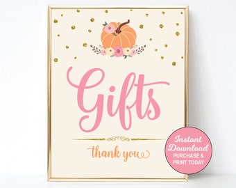 Pumpkin Gifts Sign Printable, Gifts Table Sign, Pumpkin 1st Birthday Sign, Pink and Gold Pumpkin Sign, Fall Baby Shower, INSTANT DOWNLOAD