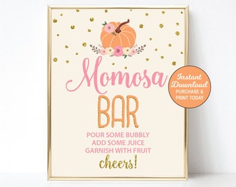 Mom-osa Bar Sign, Little Pumpkin Baby Shower, Mimosa Bar Sign, Drink Table Sign, Pink and Orange, Printable, INSTANT DOWNLOAD