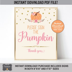 Sign The Pumpkin Sign, Pumpkin Guestbook Sign, Pumpkin Baby Shower Sign, Pink and Gold, Printable Sign, INSTANT DOWNLOAD