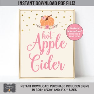 Apple Cider Sign, Pumpkin Birthday, Hot Apple Cider Sign, Printable, Fall Birthday, Pumpkin Baby Shower, Pink and Gold, INSTANT DOWNLOAD