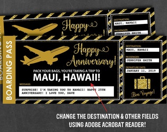 Anniversary Airplane Ticket Printable, Surprise Trip Ticket, Boarding Pass, Anniversary Gift, Surprise Vacation, Editable Airplane Ticket