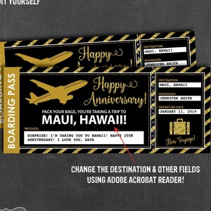 Anniversary Airplane Ticket Printable, Surprise Trip Ticket, Boarding Pass, Anniversary Gift, Surprise Vacation, Editable Airplane Ticket