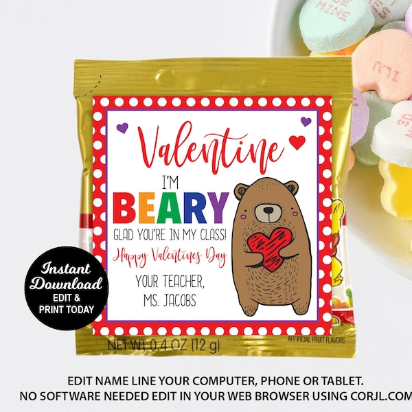 Gummy Bear Valentine Teacher, Bear Valentine Tag, Gummy Valentine, Teacher Valentine, Class Valentine , Kids Valentines, Instant Download