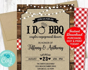 I Do BBQ Invitation Rustic Wood, I Do BBQ Couples Wedding Shower Invitation, Bbq Engagement, Printable Invitation Editable, Instant Download