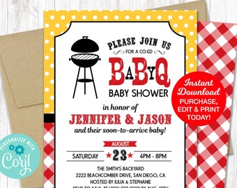 Baby Q Shower Invitation Yellow & Red, BBQ Baby Shower Invitation,  Couples Baby Shower, Printable, INSTANT DOWNLOAD