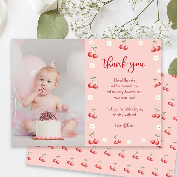 Editable Cherry Birthday Thank You Card, Girl 1st First Birthday Photo Card Thank you Note Corjl Template