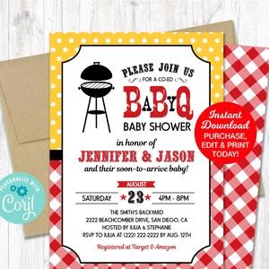 Baby Q Shower Invitation Yellow & Red, BBQ Baby Shower Invitation,  Couples Baby Shower, Printable, INSTANT DOWNLOAD