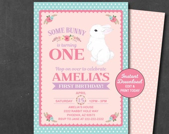 Invitación de cumpleaños de conejito, algún conejito es una invitación, invitación de cumpleaños de primavera de niña, primer cumpleaños de niña imprimible DESCARGA INSTANTÁNEA