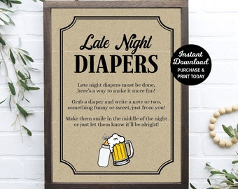 Sinal de fraldas tarde da noite, um bebê está preparando um jogo, mensagem de fraldas, jogo de chá de bebê, chá de bebê de cerveja, atividade de chá de bebê, chá misto