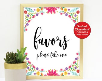 Fiesta Favors Sign, Fiesta Bridal Shower, Fiesta Baby Shower Decor, Mexican Floral Favors Sign, Fiesta Birthday, Instant Download PRINTABLE