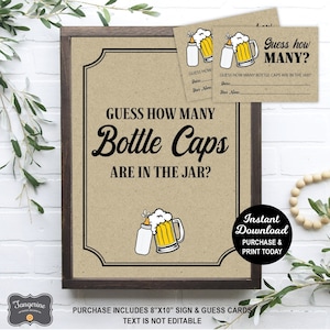 May include: A brown framed sign with the text "Guess How Many Bottle Caps Are In The Jar?" in black. The sign has a small illustration of a baby bottle and a beer mug with foam on top. There are two smaller cards with the text "Guess How Many?" and "Guess How Many Bottle Caps Are In The Jar?" in black.