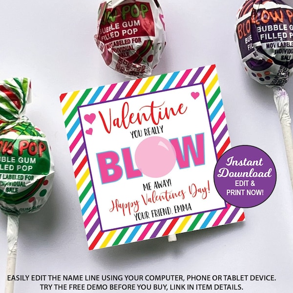 Blow Pop Valentines Day Card, Gum Valentines Tag, Kids Valentine Card, School Valentines Cards, Candy Printable Valentine, Valentine Tag