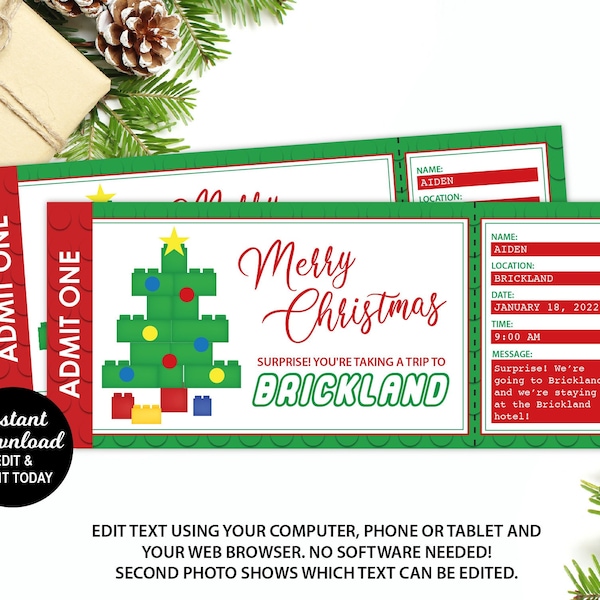 Theme Park Ticket, Brickland Ticket, Christmas Gift Ticket, Blockland, Building Brick Theme Park Ticket, Christmas Surprise, Editable Ticket