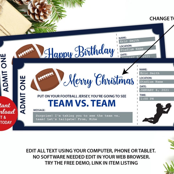 Editable Football Game Ticket, Football Gift Ticket, Dallas Colors, Surprise Ticket Gift, Christmas Gift, Birthday Gift, Printable Ticket