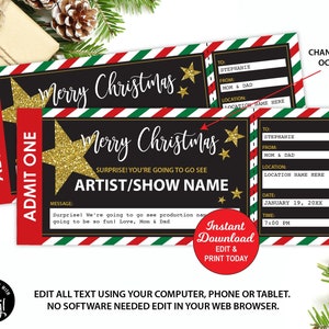 Weihnachten KonzertKarte Überraschungsgeschenk Gutschein, Überraschung Konzert Show Künstler Druckvorlage, editierbar Instant Download, Geschenkgutschein