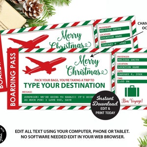 Bilhete de viagem surpresa, bilhete de avião, cartão de embarque, para impressão, presente de Natal, férias surpresa, bilhete editável, DOWNLOAD INSTANTÂNEO