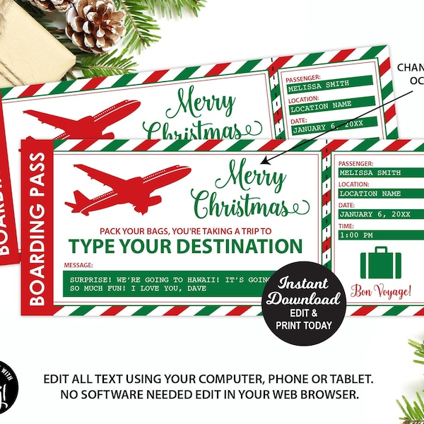 Surprise Trip Ticket, Airplane Ticket, Boarding Pass, Printable, Christmas Gift, Surprise Vacation, Editable Ticket, INSTANT DOWNLOAD