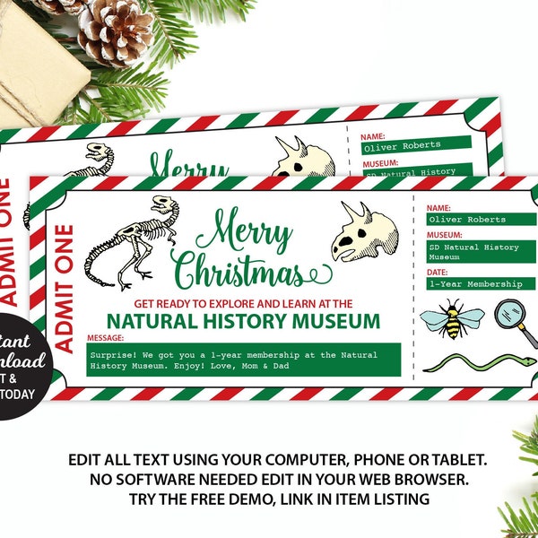 Natural History Museum Ticket, Museum Membership, Christmas Gift, Editable Ticket, Kids Christmas Gift, Christmas Present