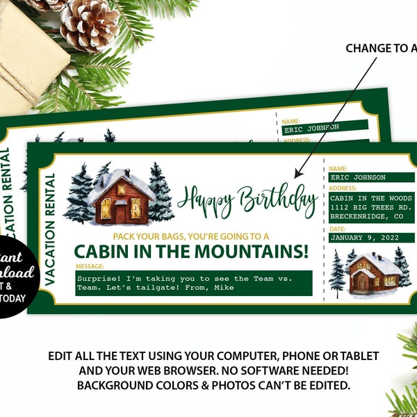 Vacation Rental Ticket, Cabin Rental Gift, Editable Vacation Home Ticket, Mountain Vacation, Birthday Gift, Christmas Gift, Surprise Trip