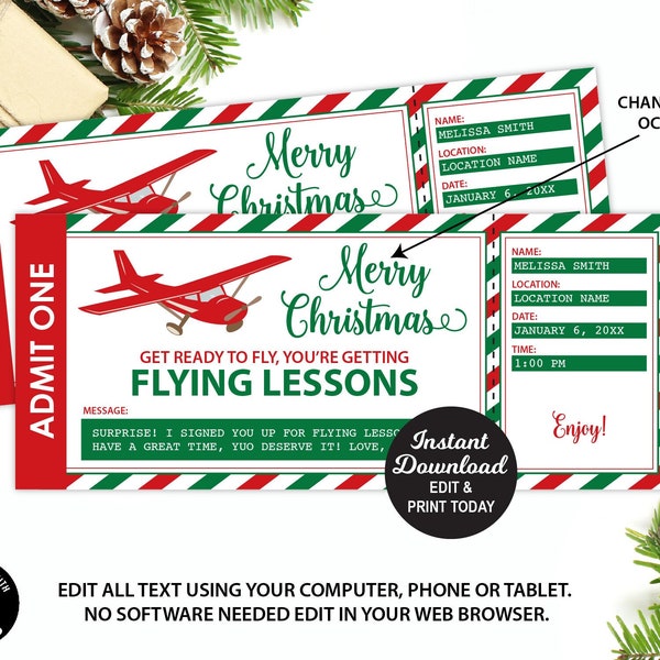 Editable Flying Lessons Ticket, Christmas Gift Certificate, Surprise Airplane Lesson Boarding Pass, Surprise Flying Lesson, Adult Gift