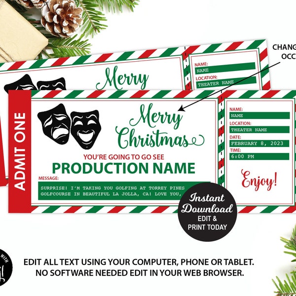 Christmas Theatre Play Musical Ticket Surprise Gift Voucher, Surprise Theatre Musical Printable Template, Editable Gift Certificate