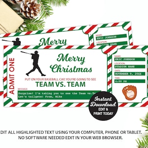 Weihnachts-Baseball-Ticket-Geschenk, Baseball-Ticket drucken, Überraschung Baseball-Ticket, Spiel-Ticket editierbar, Fake-Spiel-Ticket INSTANT DOWNLOAD