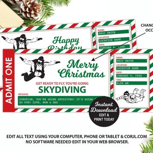 Christmas Skydiving Ticket, Skydive Ticket Editable, Indoor Skydiving Ticket, Skydiving Gift Certificate Printable, Skydiving Gift