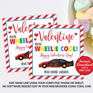 May include: Two printable Valentine's Day cards featuring a red and black race car with flames. The text on the cards reads "You're Wheelie Cool! Happy Valentines Day!" and "You're Wheel Happy Valentines Day!"  The cards are decorated with red and white stripes and hearts.