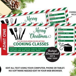 Bilhete para aulas de culinária de Natal, presente de Natal para cozinhar, ingresso editável, certificado de presente para aula de culinária, vale-presente para impressão