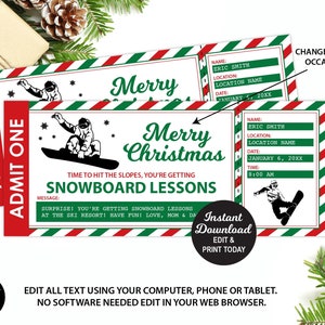 Biglietto per le lezioni di snowboard di Natale stampabile, biglietto modificabile per la lezione di snowboard, regalo di snowboard a sorpresa, vacanze sugli sci, regalo di Natale