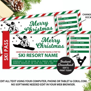 Snowboard Ticket Printable, Editable Ski Lift Pass, Surprise Ski Trip Gift, Skiing Vacation, Surprise Vacation, INSTANT DOWNLOAD