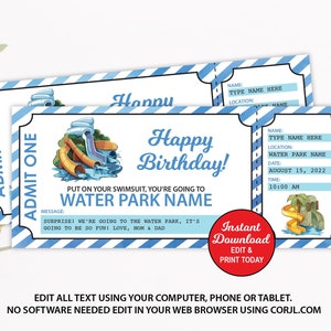 May include: Blue and white striped ticket with the text "Happy Birthday!" and "Put on your swimsuit, you're going to WATER PARK NAME". The ticket has a picture of a water slide and palm trees. The text "Instant Download Edit & Print Today" is in a red circle.