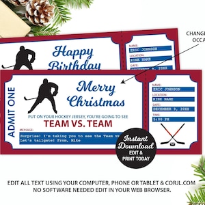 Eishockey-Spielticket, bearbeitbare Eishockey-Spielticketvorlage, Weihnachtsgeschenk, Überraschungsspiel, Weihnachtsgeschenk, Geschenk für ihn Sofortiger Download