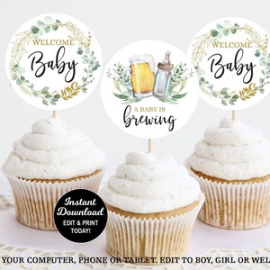 A Baby is Brewing Cupcake Toppers, Beer Baby Shower Decoration, Cupcake Picks, Editable Cupcake Toppers, Brewery Coed Baby Shower