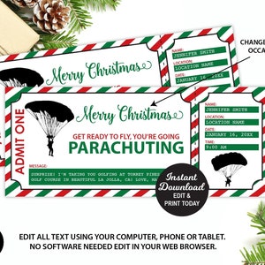 Boleto de Paracaidismo de Navidad, Boleto de Regalo de Paracaídas Sorpresa Imprimible, Regalo de Navidad de Paracaidismo, Certificado de Regalo, Regalo de Navidad